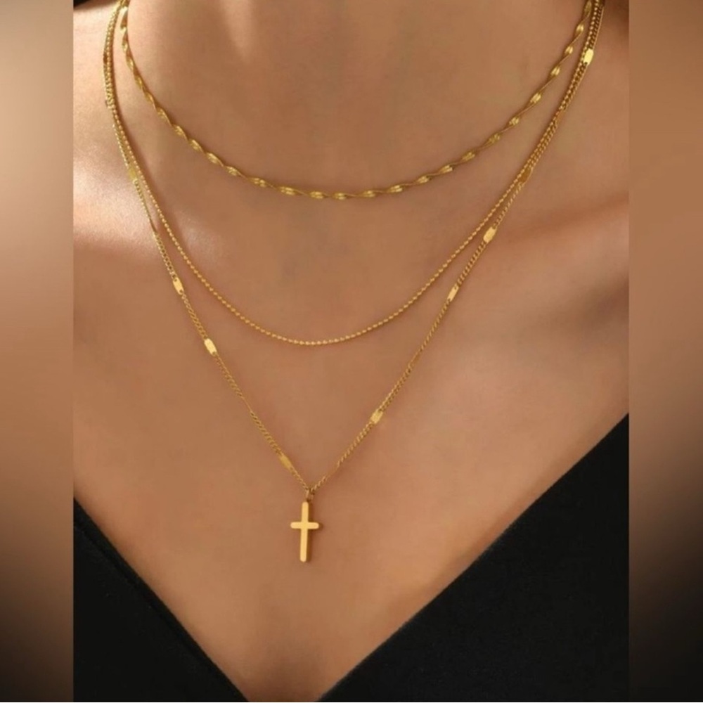 Gold Plated Stainless Steel Layered Gold Cross Necklace | Multi Chain Minimalist